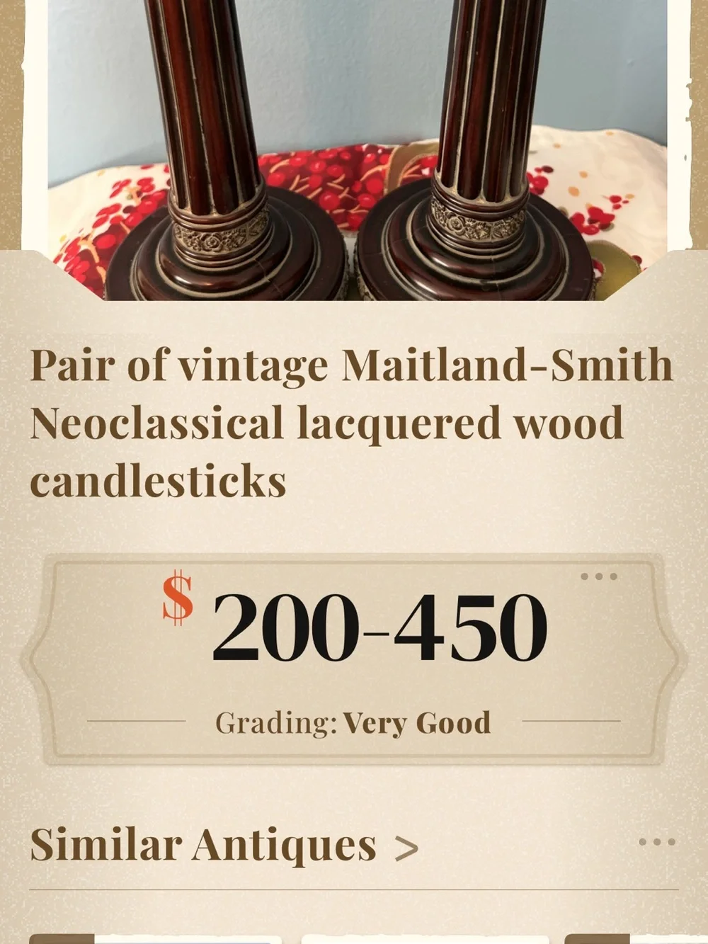 Vintage Pair of Maitland Smith Neoclassical Wood Metal fluted Candlesticks